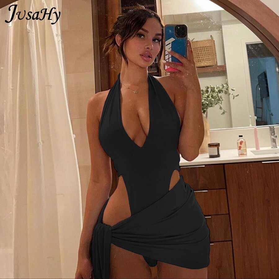 JusaHy Solid Deep V-Neck Two Piece Sets Halter Top And Mini Skirts Backless Summer Midnight Club Partywear Ruched Women Sets Hot