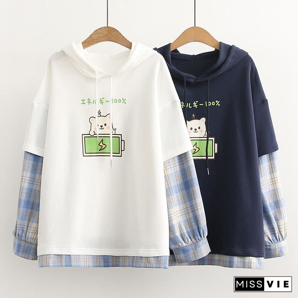 Cartoon Bear Charge Print Plaid Sleeve Hoodie