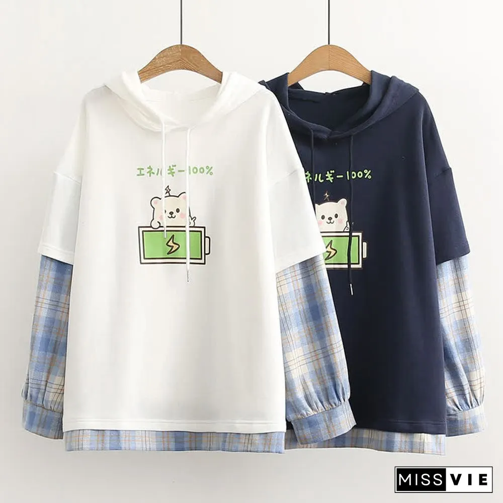 Cartoon Bear Charge Print Plaid Sleeve Hoodie