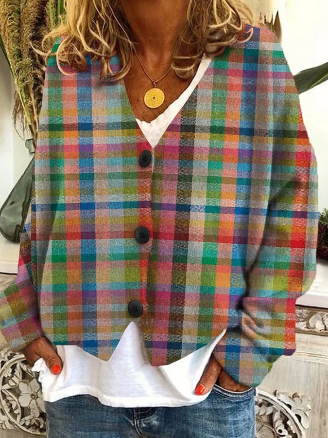 Vintage Check Print Casual Loose Button Flannel Cardigan