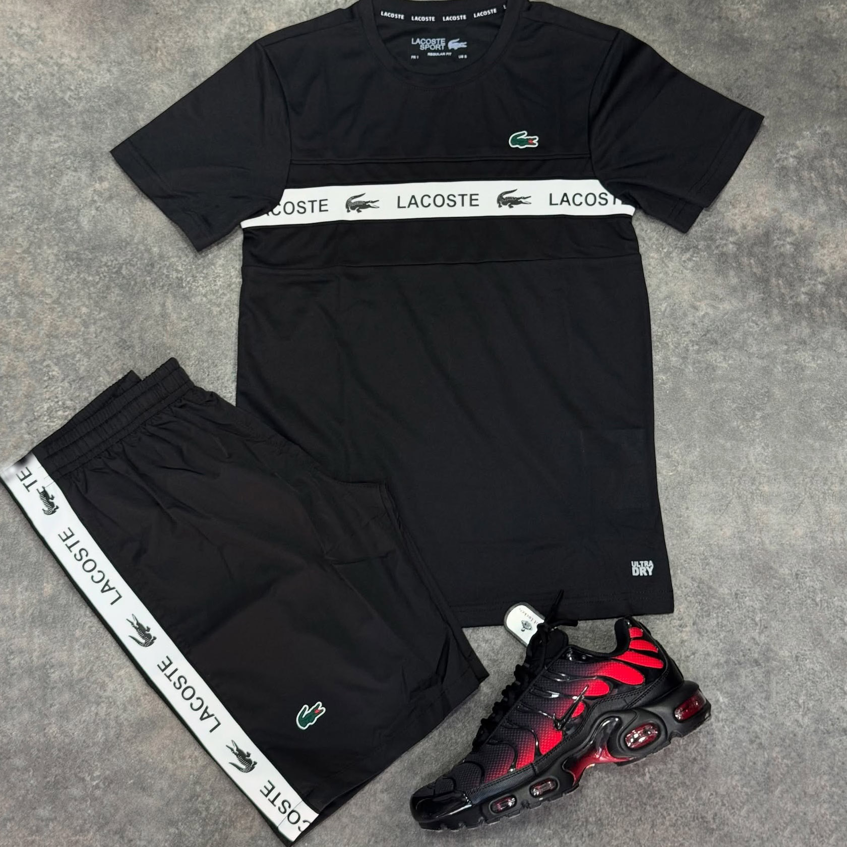 High-Quality Lacoste Letter Stripe Stitching T-Shirt And Shorts Co-Ord