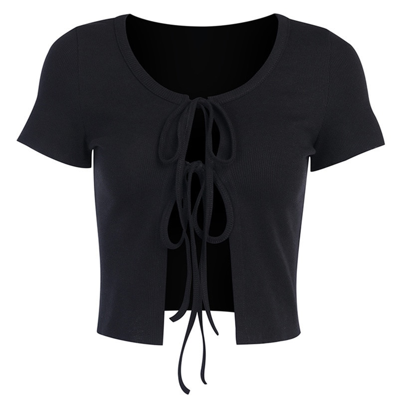Crop Top Women Casual Sexy Tie Split T-shirt Ribbed Knit Bandage Slim Elastic Cardigan Tee Tops Summer Fall Clothing