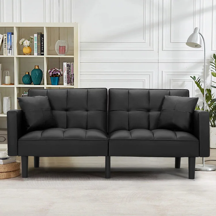 AVAWING 74" Modern Convertible Sofa Bed Black Faux Leather Futon Recliner Couch with Pillows