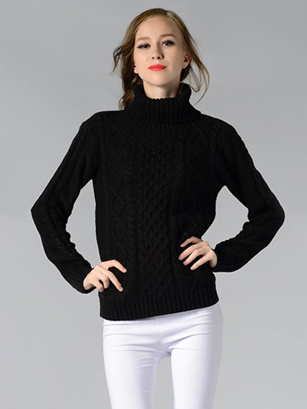 Casual 5 Colors Jacquard High-Neck Long Sleeves Sweater Top