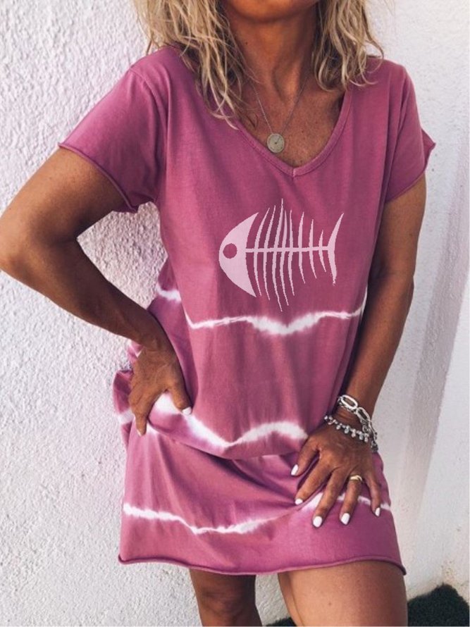 Casual Striped V-neck Short Sleeve Dress Zaesvini