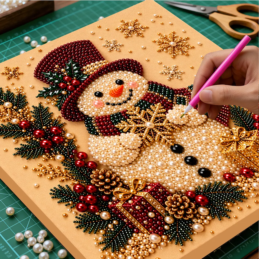Framed Pearl Painting Kit Snowman Red Hat 7.87x7.87in
