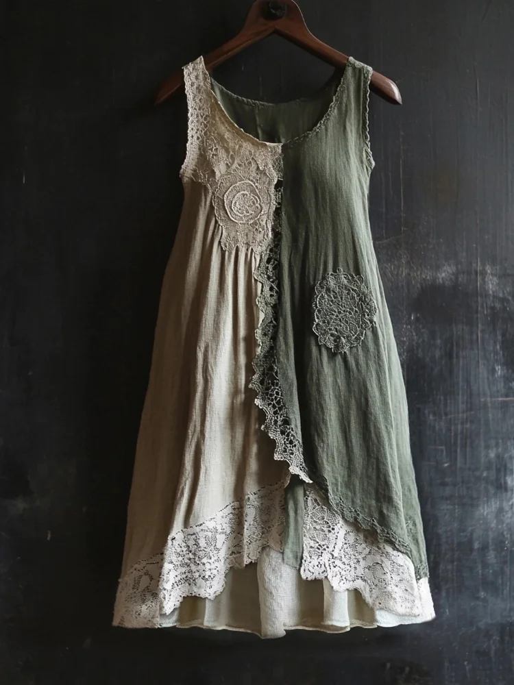 Vintage Lace Patchwork Comfy Linen Tank Dress