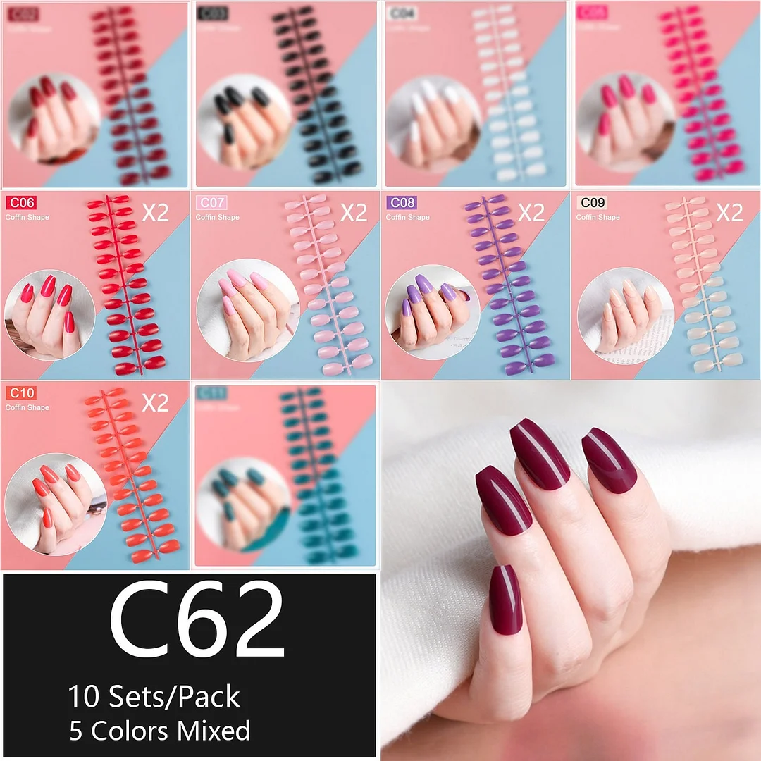 10 Sets/Pack Mixed Solid Colors Coffin Round Square Almond Shape False Nails Full Cover Nail Tips Short Fake Nails Tip Manicure-Nail Inspo