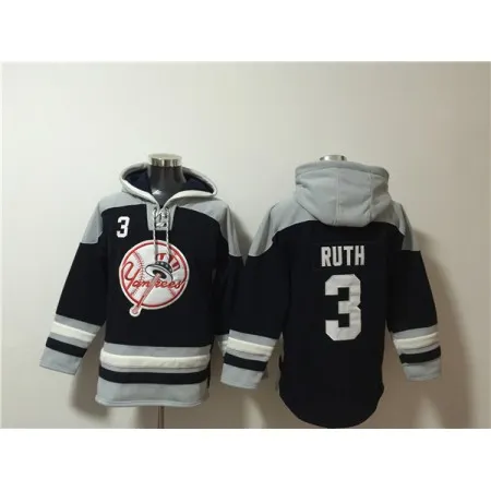 Men's New York Yankees #3 Babe Ruth Black/Grey Ageless Must-Have Lace-Up Pullover Hoodie