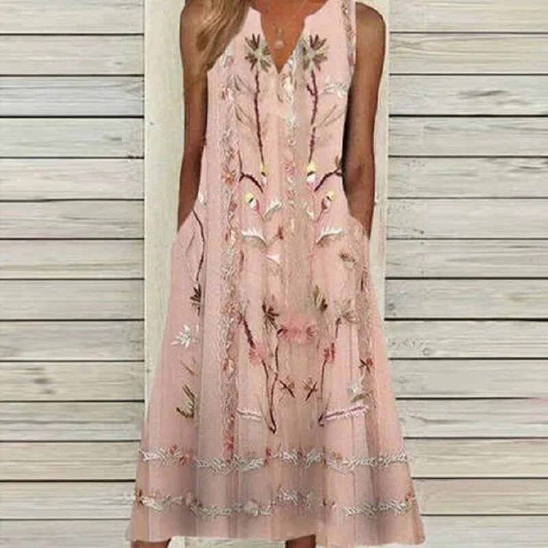 Floral Print V-neck Pullover Short Sleeve Pocket Long Dress | EGEMISS