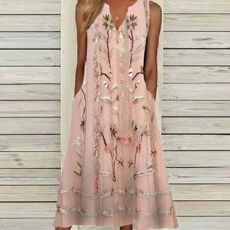 Floral Print V-neck Pullover Short Sleeve Pocket Long Dress | EGEMISS