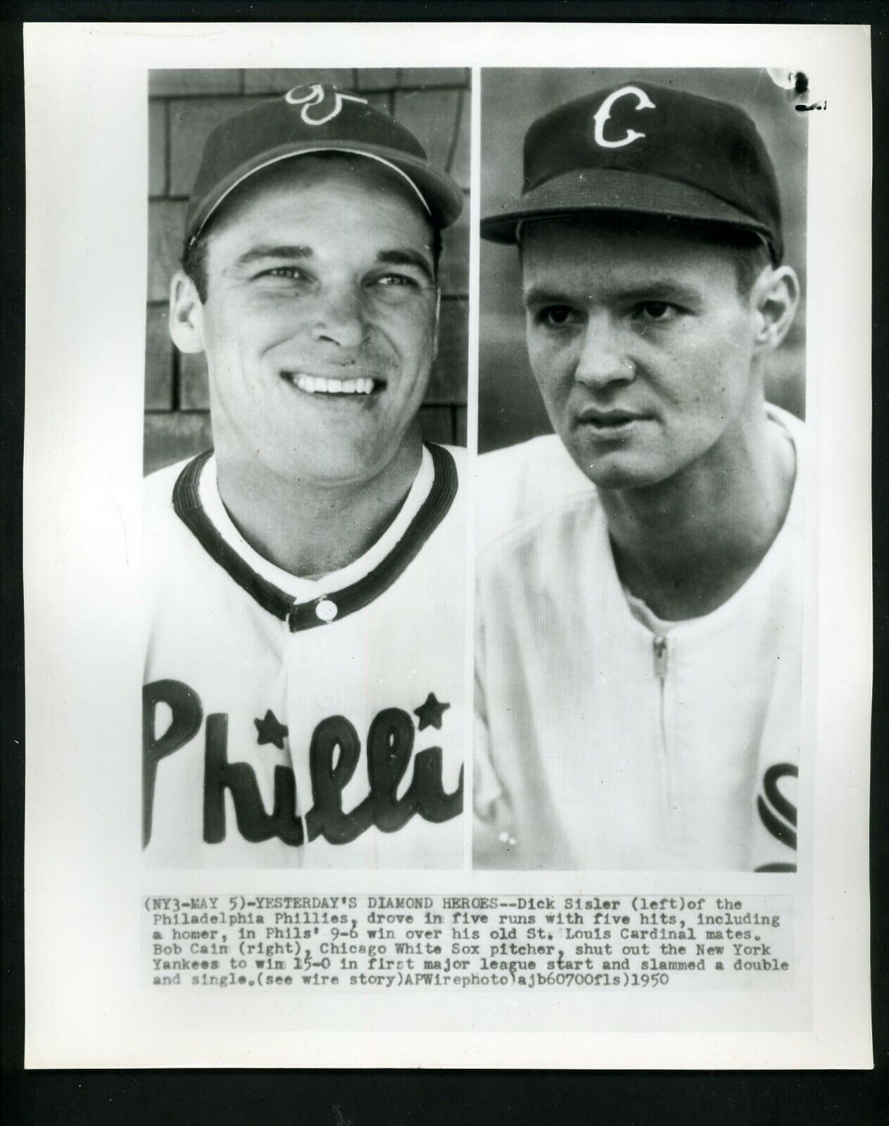 Dick Sisler & Bob Cain 1950 Press Photo Poster painting Philadelphia Phillies Chicago White Sox