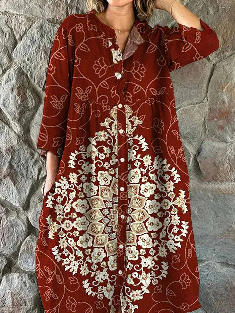 Women's Bohemian Ethnic Geometric Print Cotton And Linen Dress