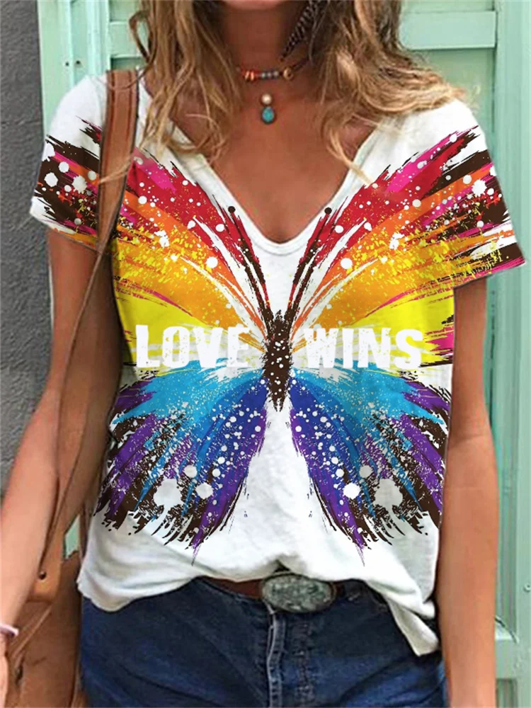 Love Wins Butterfly V Neck T Shirt