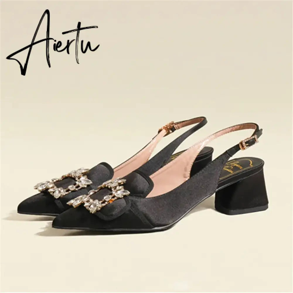 New Women Pumps Sexy Pointed Toe Slingback Gladiator Sandals Rhinestone Chunky High Heel Dress Shoes Ladies Valentine Shoes Aiertu