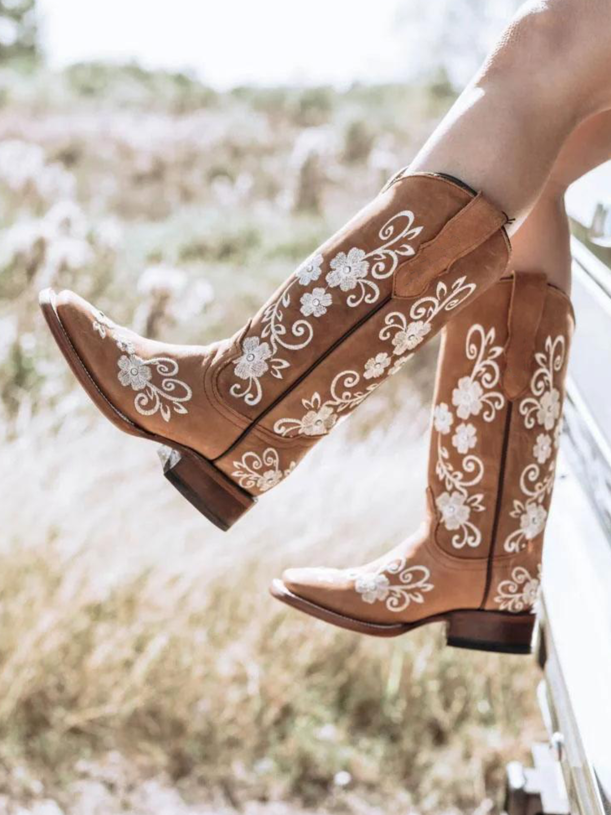 Taafo Brown Floral Embroidery Rhinestone Square-Toe Wide Mid Calf Cowgirl Boots