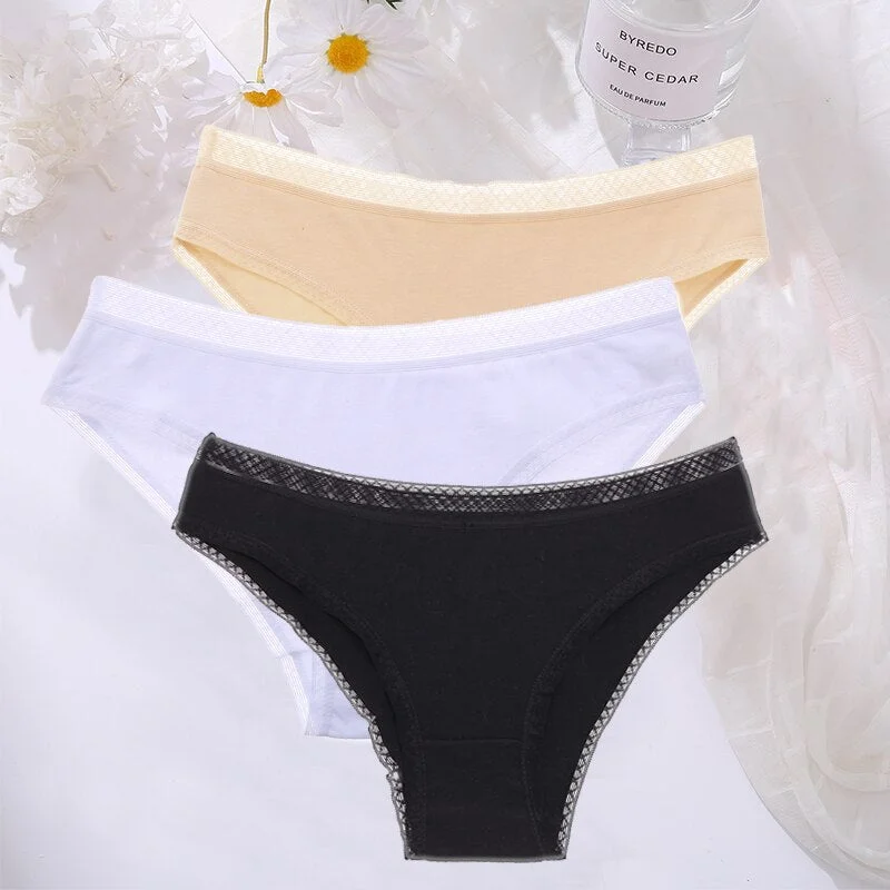 FINETOO 3PCS/Set Cotton Women Mesh Panties Sexy Perspective Lingerie Femme Underwear Girl Underpant Breathable Woman Panty Tanga