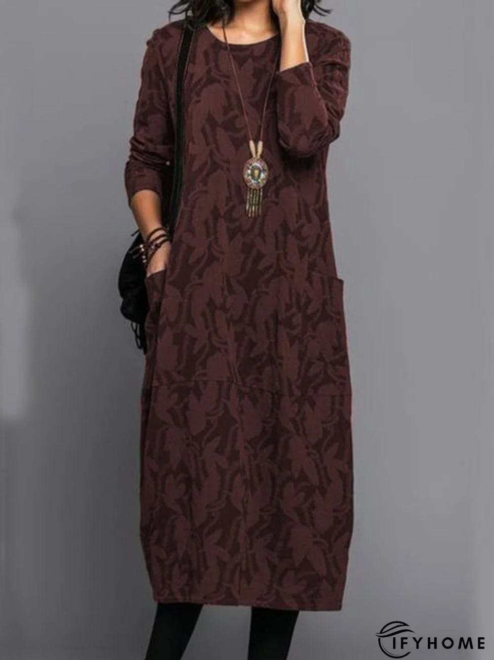 Vintage Printed Winter Jersey Long sleeve Loose Crew Neck Long Dresses for Women | IFYHOME