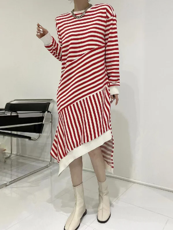 Casual Loose Asymmetric Striped Long Sleeves Midi Dress