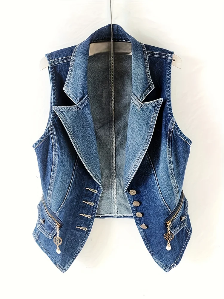 Women's Vintage Denim Vest - Sleeveless Jacket With Button Details, Slim Fit, Retro Style, Light Blue Washed Jean Jacket For Spring/Summer, Casual Outerwear, Elegant Button Detail