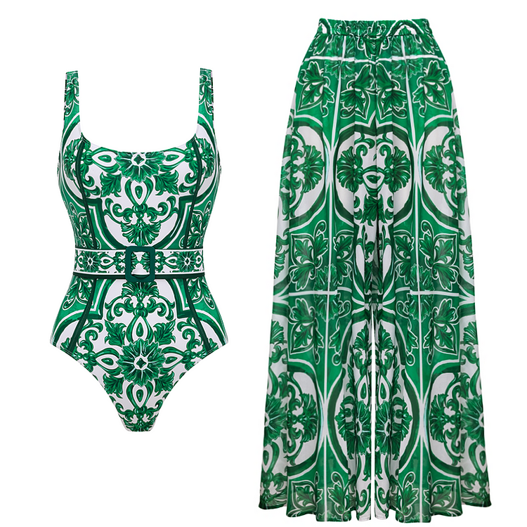 Classic Majolica Series Pattern Print One Piece Swimsuit and Pants or Skirt