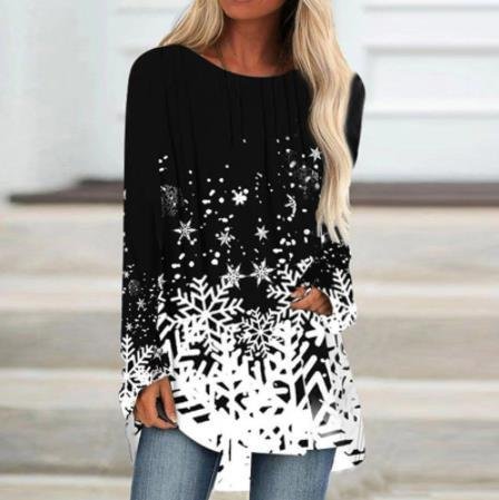 Christmas Snowflake Round Neck Print Dress Pullover Long-sleeved T-shirt