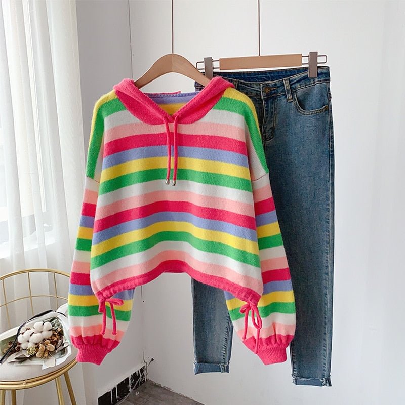 2021 Autumn and Winter Pullover Color Sweater Sweater Women Rainbow Stripes Loose Hooded College Style Short Knit Sweater Top