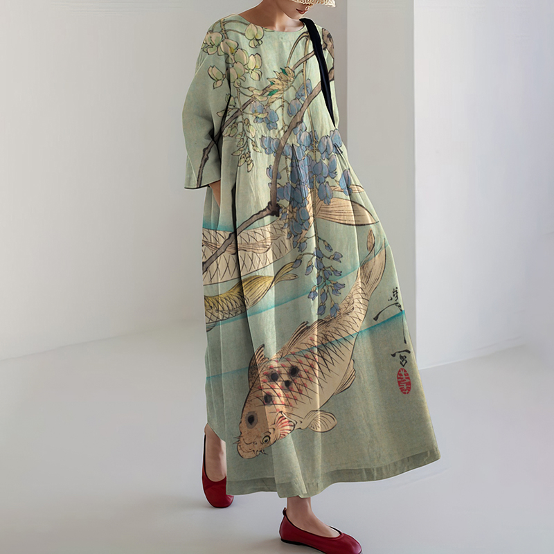 Women's Retro Japanese Flower And Fish Art Print Midi Dress artswardrobe