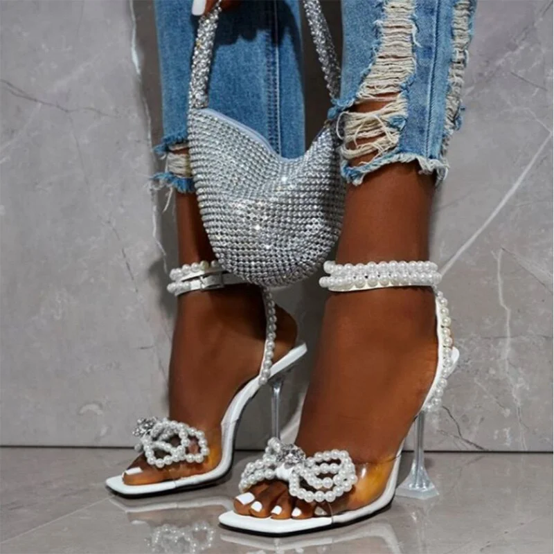 2022 Women Sexy Sandals Pearls High Heels Woman Fashion Shoes Buckle Strap Transparent Square Toe Ladies Plus Size Pumps Party