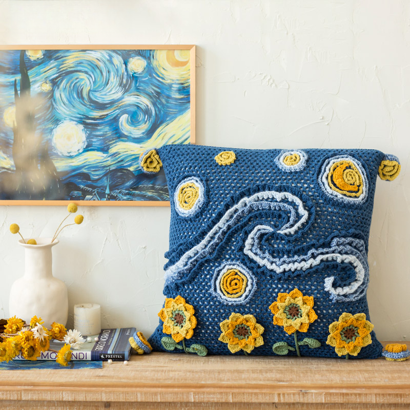 Starry Sunflower Night Crochet Pillow Cover DIY Kit - Handcraft Yarn Set