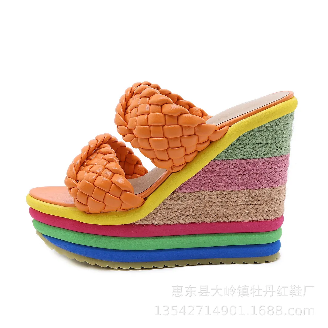 2021 Summer New Platform Wedge Sandals For Women's With Rainbow Color Weave Fish Mouth High Heels