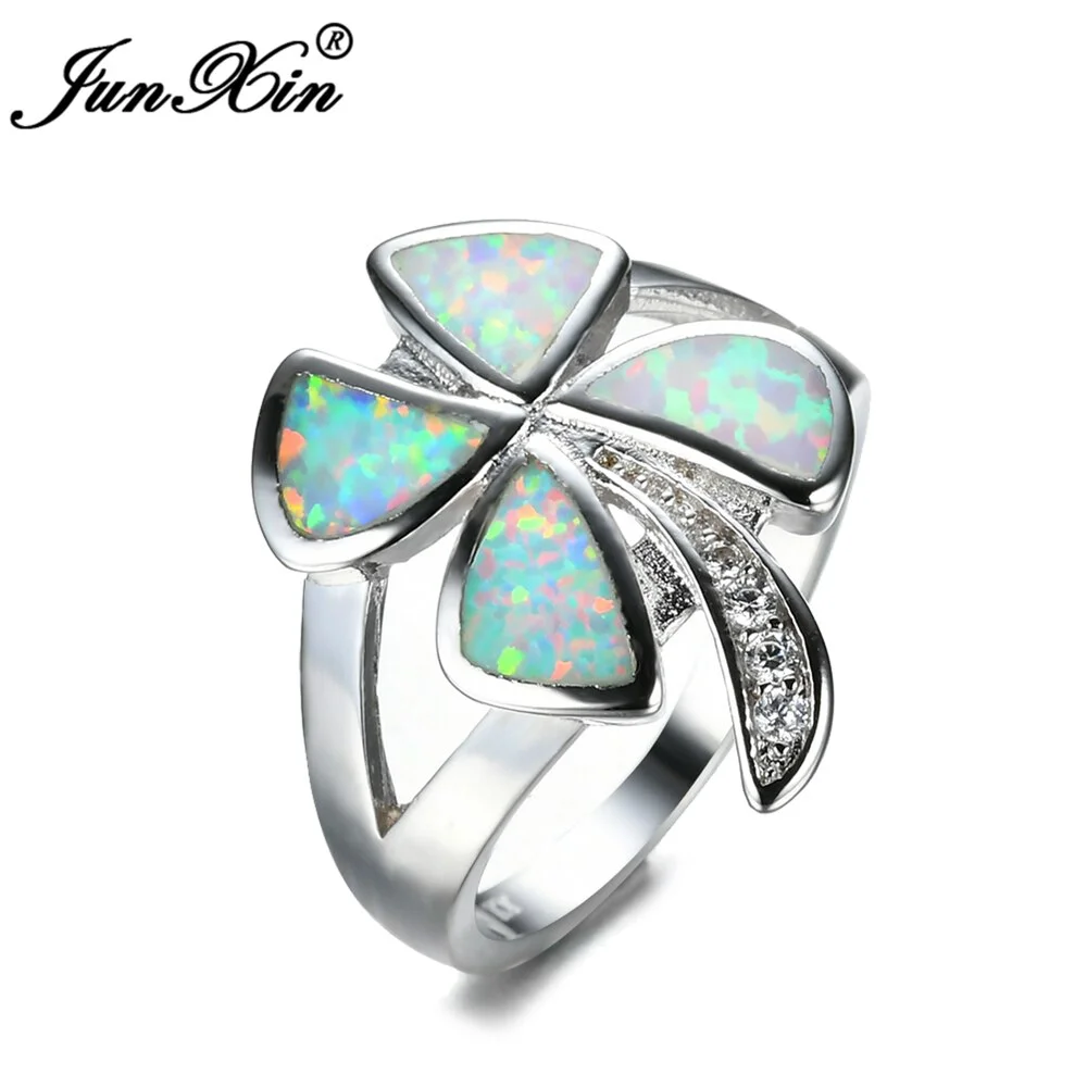 JUNXIN Female Girls Clover Ring White Fire Opal Ring Silver Color Fashion Jewelry Vintage Wedding Rings For Women