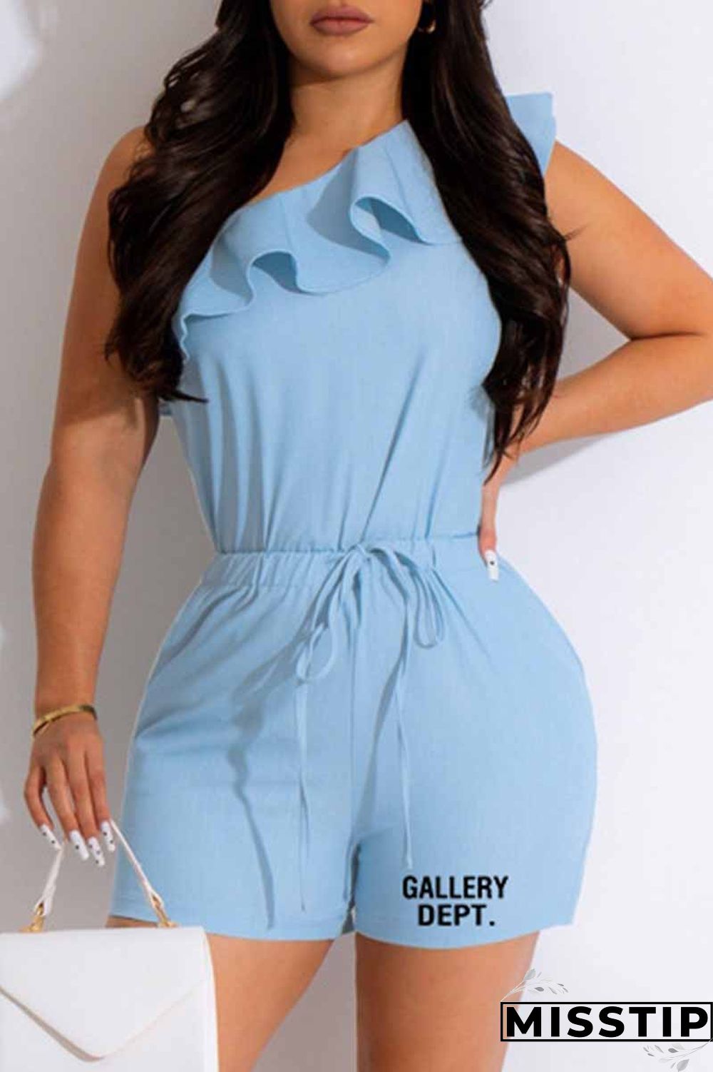 Pink Street Print Flounce Letter One Shoulder Sleeveless Two Pieces