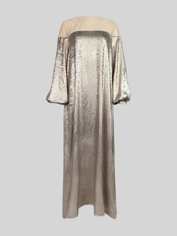 Gauze See-Through Shiny Split-Joint A-Line Loose Round-Neck Maxi Dresses Evening Dresses