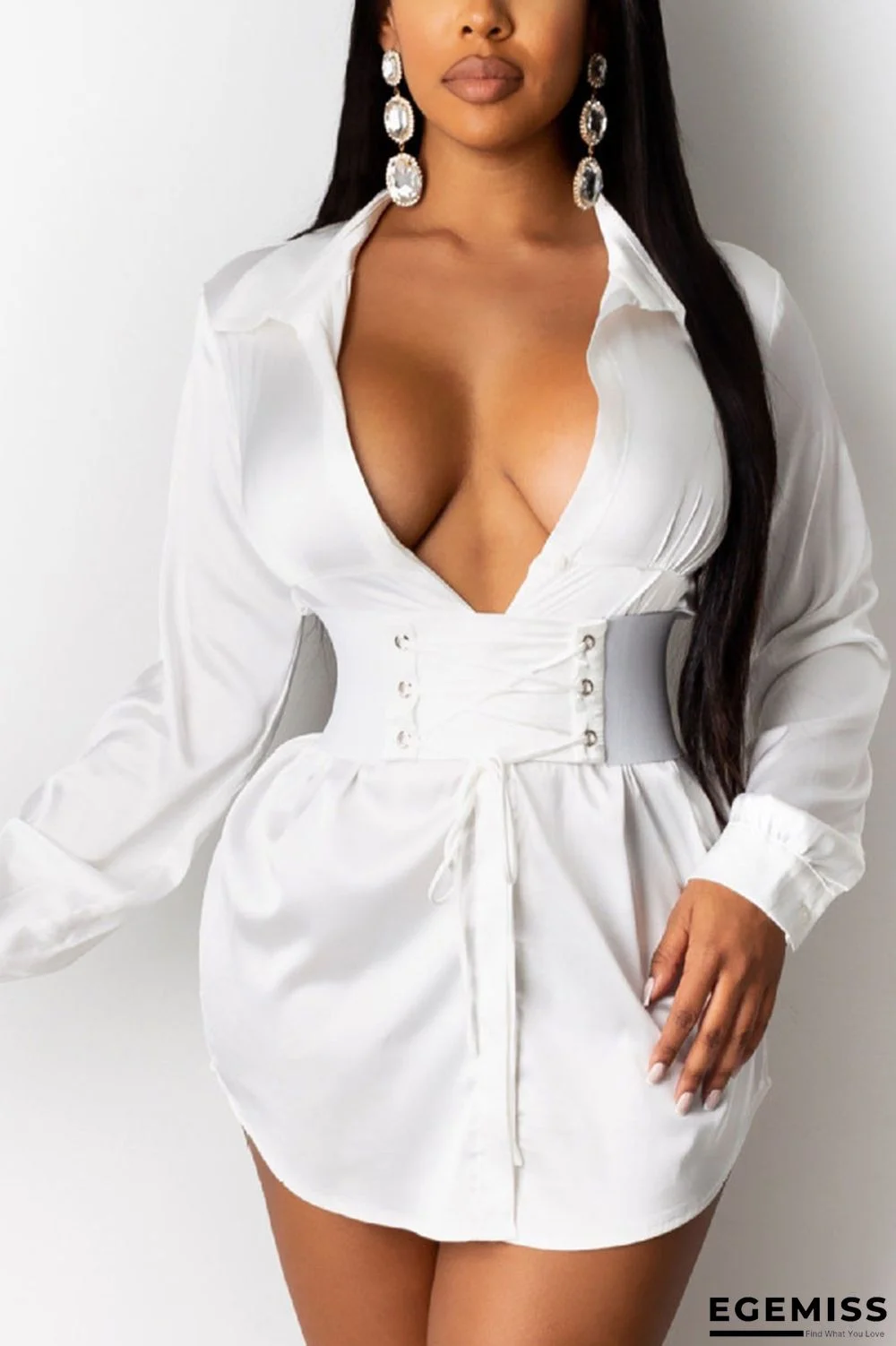 White Elegant Solid Patchwork Frenulum V Neck Pencil Skirt Dresses | EGEMISS