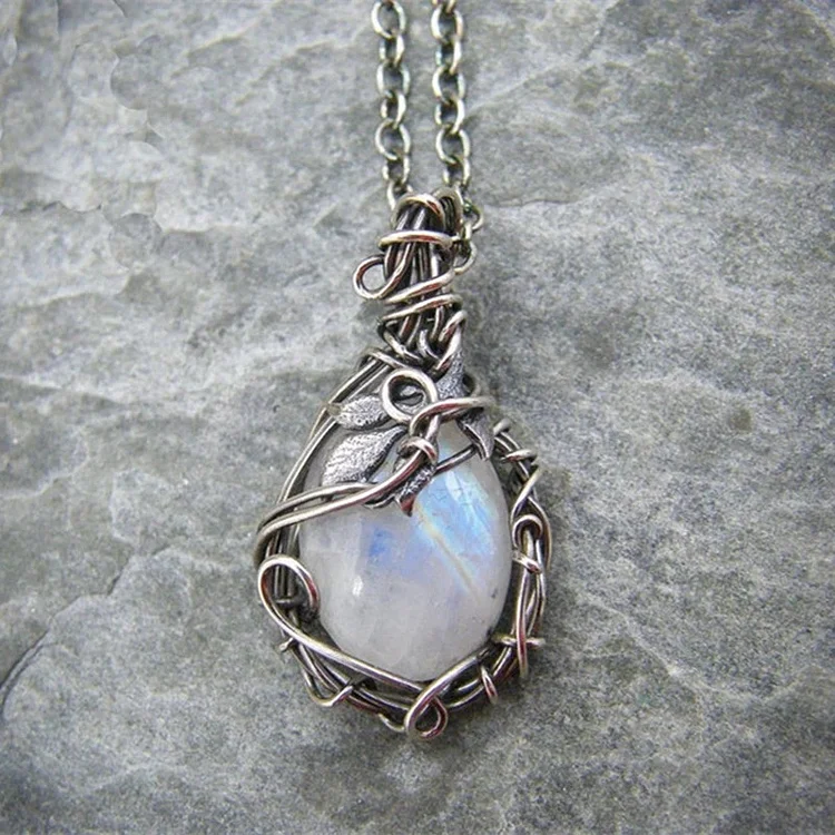 Moonstone Necklace Pendant Boho Leaf Rattan VangoghDress