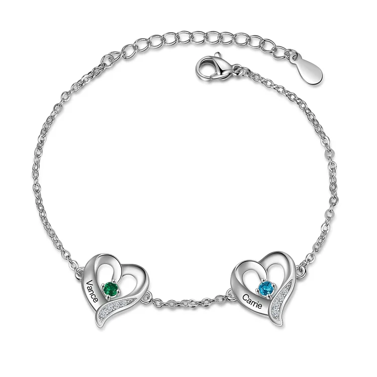 Personalized Heart Charm Bracelet Custom 2 Birthstones Bracelet for Her