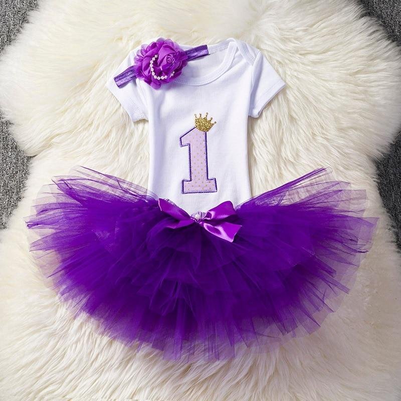 Flower Headband Short Sleeve Top and Tutu Dress Outfits 3pcs for 1 Year Baby Girls First Birthday Party Cotume Newborn Clothes
