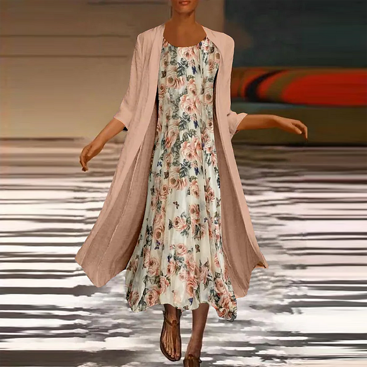 Two-Piece Elegant Printed O-Neck Sleeveless Fashionable Midi Dress