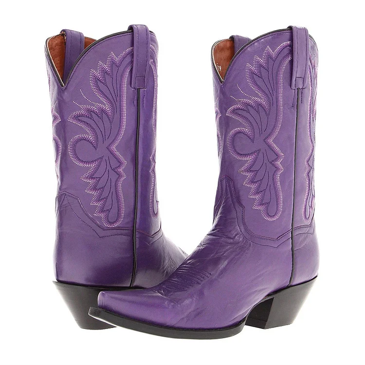 Purple Vintage Embroidered Mid-Calf Cowgirl Boots with Chunky Heels |FSJ Shoes