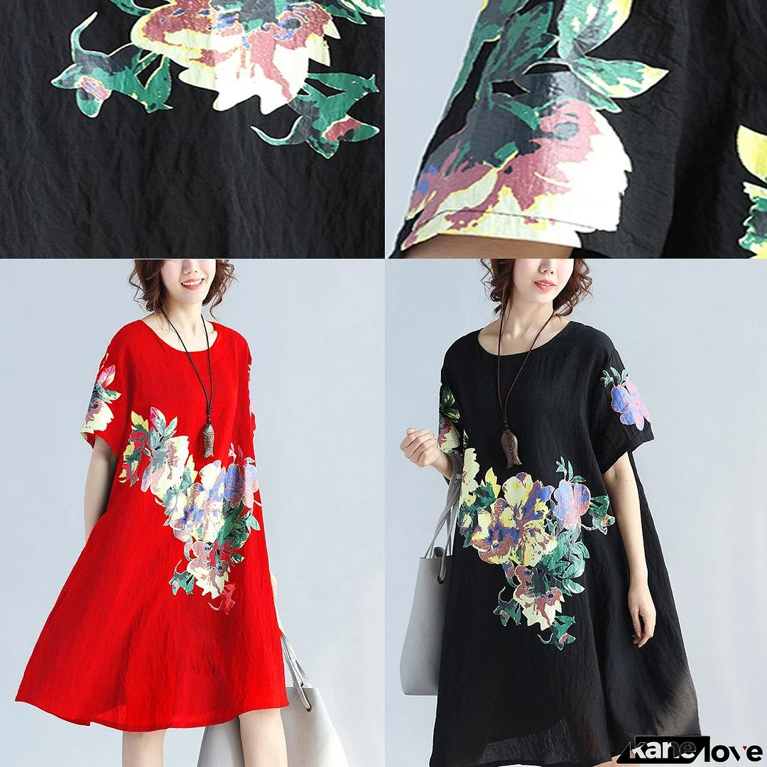 Red Prints Linen Dress Plus Size