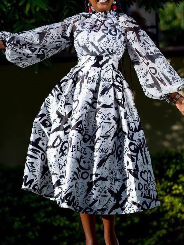 Dresses High Neck Puff Sleeve Print Dress for Women