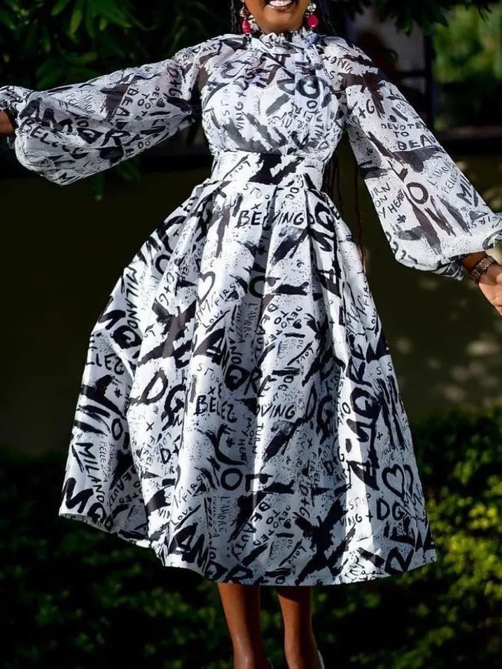 Dresses High Neck Puff Sleeve Print Dress for Women