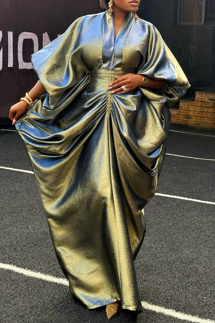 Plus Size Formal Green V Neck Long Sleeve Fold Elegant Maxi Dresses [Pre-Order]
