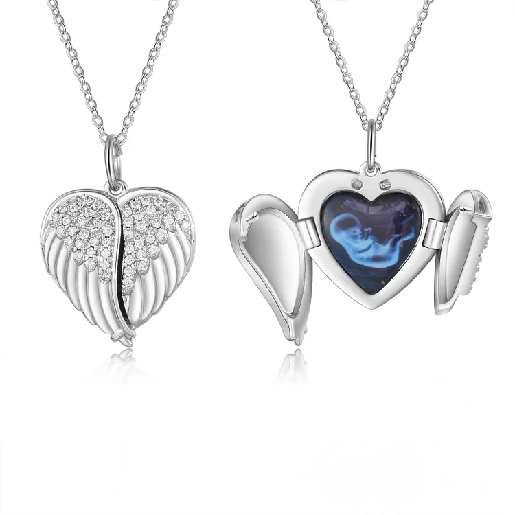 Personalized Heart Locket Angel Wing Necklace Custom Photo Gift for Family