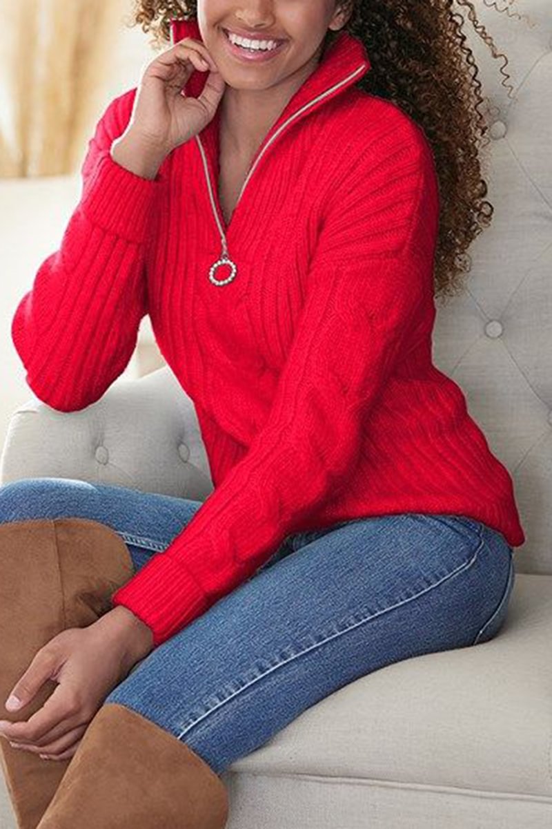 Mixed Knit Zip Front Sweater