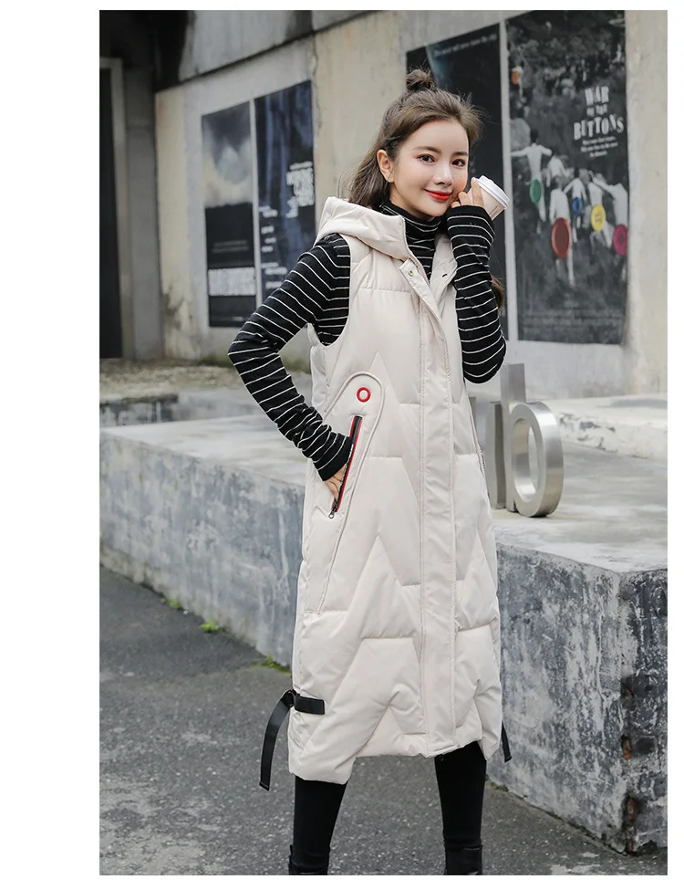 Huibahe Warm Sleeveless Vest Coat Long Down cotton Jacket Solid Hooded Padded Vests Loose Females Korea Style Winter Clothings