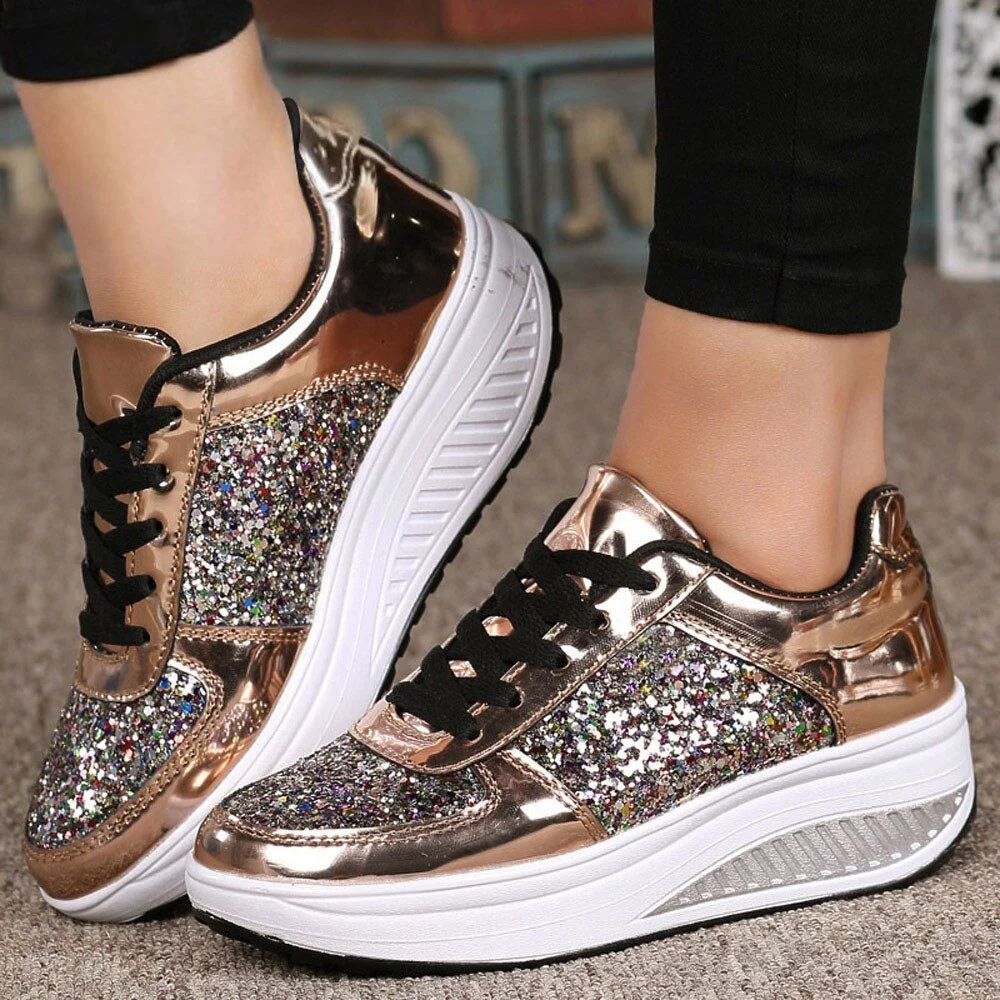 Fashion Women's Sneakers Casual Ladies Wedges Sneakers Sequins Shake Shoes Fashion Walking Girls Sport Women's Platform Shoes 42