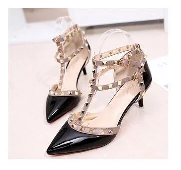 Women's Shoes 2019 Summer Pointed High-heeled Stiletto Patent Leather Rivet Single Shoes Was Thin Buckle Women's Shoes