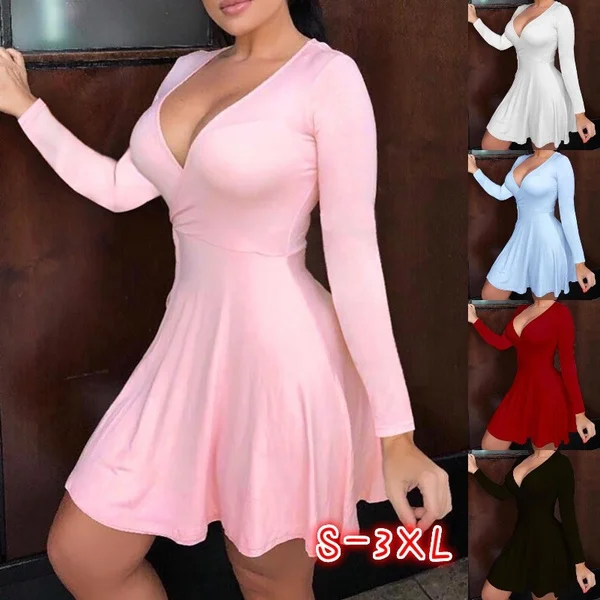 5 Colors New Women Fashion Casual Long Sleeve Slim Fit Dress Sexy V Neck Low Cut Mini Dress Spring Autumn High Wasit Dresses for Women
